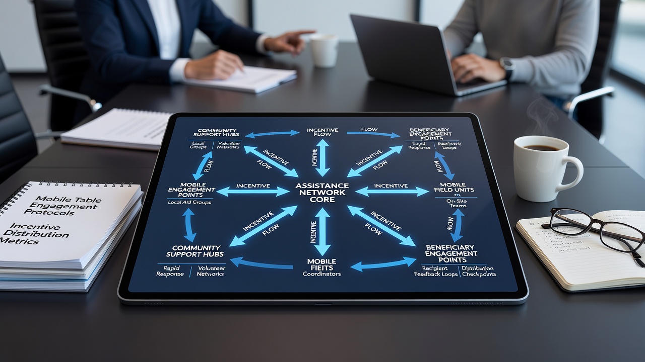 Illustration of mobile interface displaying real-time incentive distribution from assistance network during live table play