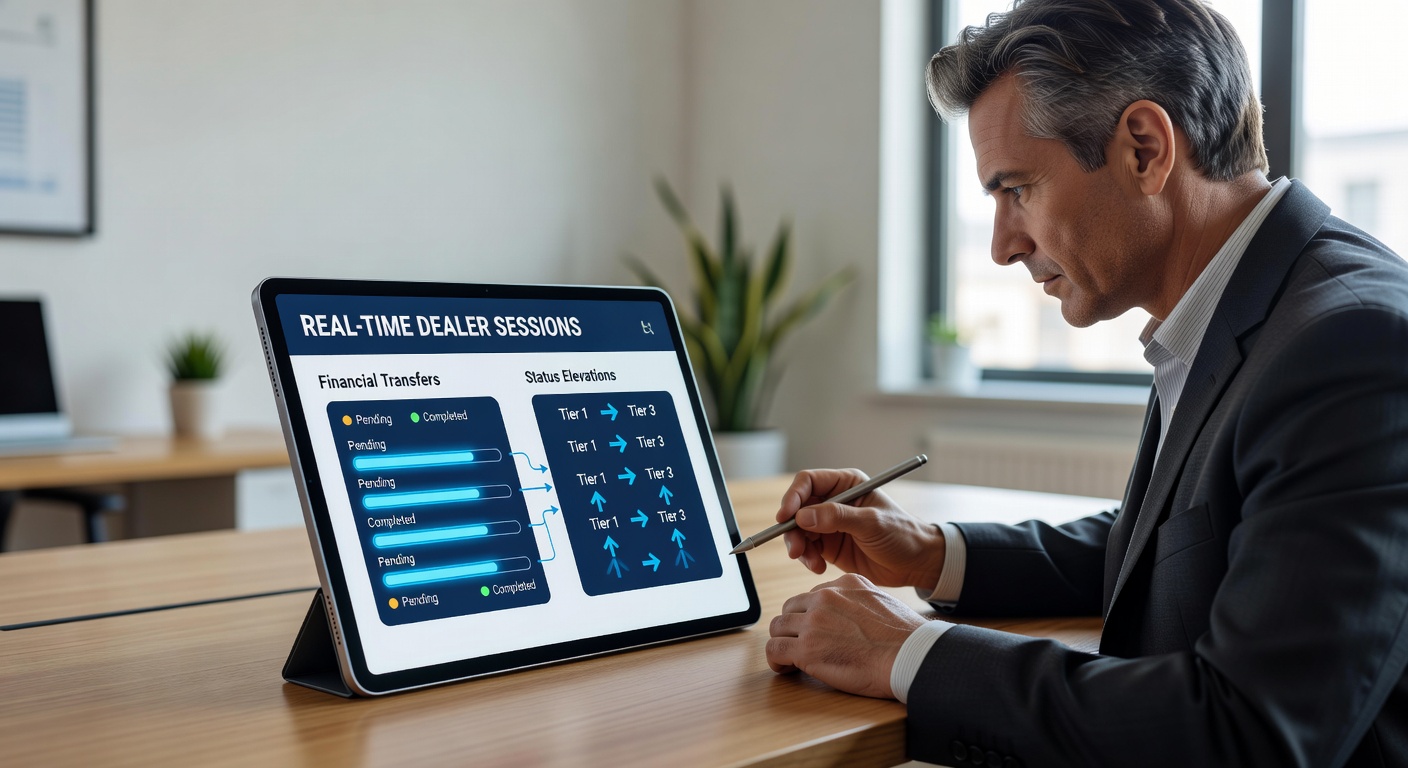 Mobile app interface showing real-time financial transfers and status updates during live dealer sessions
