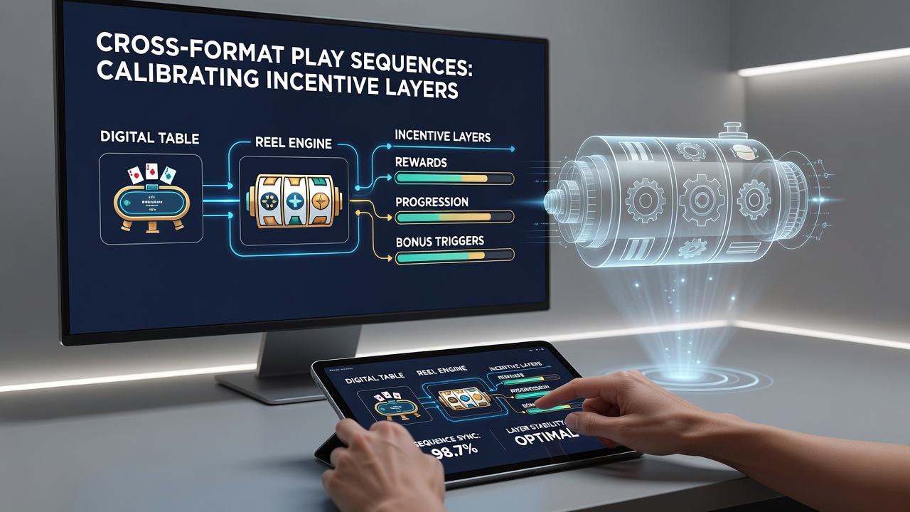 Analytics dashboard displaying cross-format play sequences and calibrated incentive adjustments for table and reel games