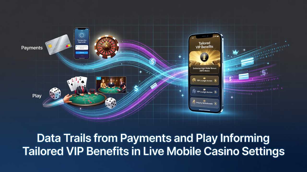 Visualization of payment data flows and gameplay metrics connecting to personalized VIP rewards on mobile live dealer interfaces