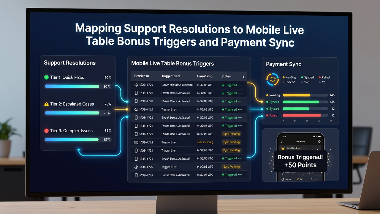 Diagram illustrating support resolution flow into bonus triggers and payment sync for live dealer mobile play