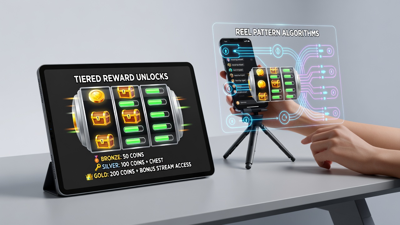 Mobile screen capturing live slot reel sequences and associated reward tier progress indicators
