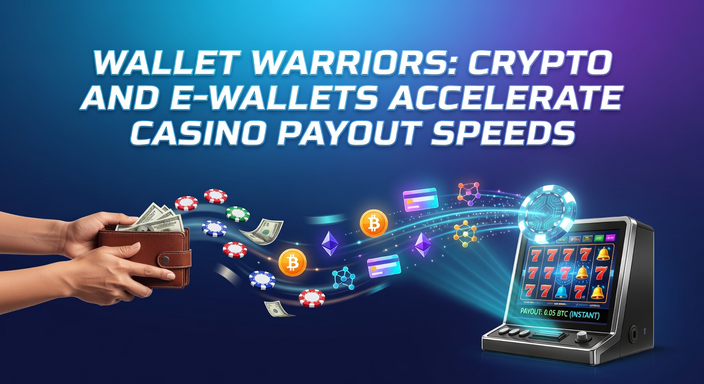 Digital wallet icons and cryptocurrency symbols speeding towards a casino payout button, illustrating rapid transaction flows